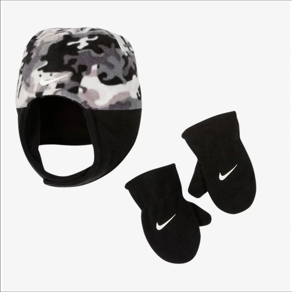 Nike Boys Trapper Hat Beanie Mittens Set Toddler Baby Swoosh Logo Black Gray NWT